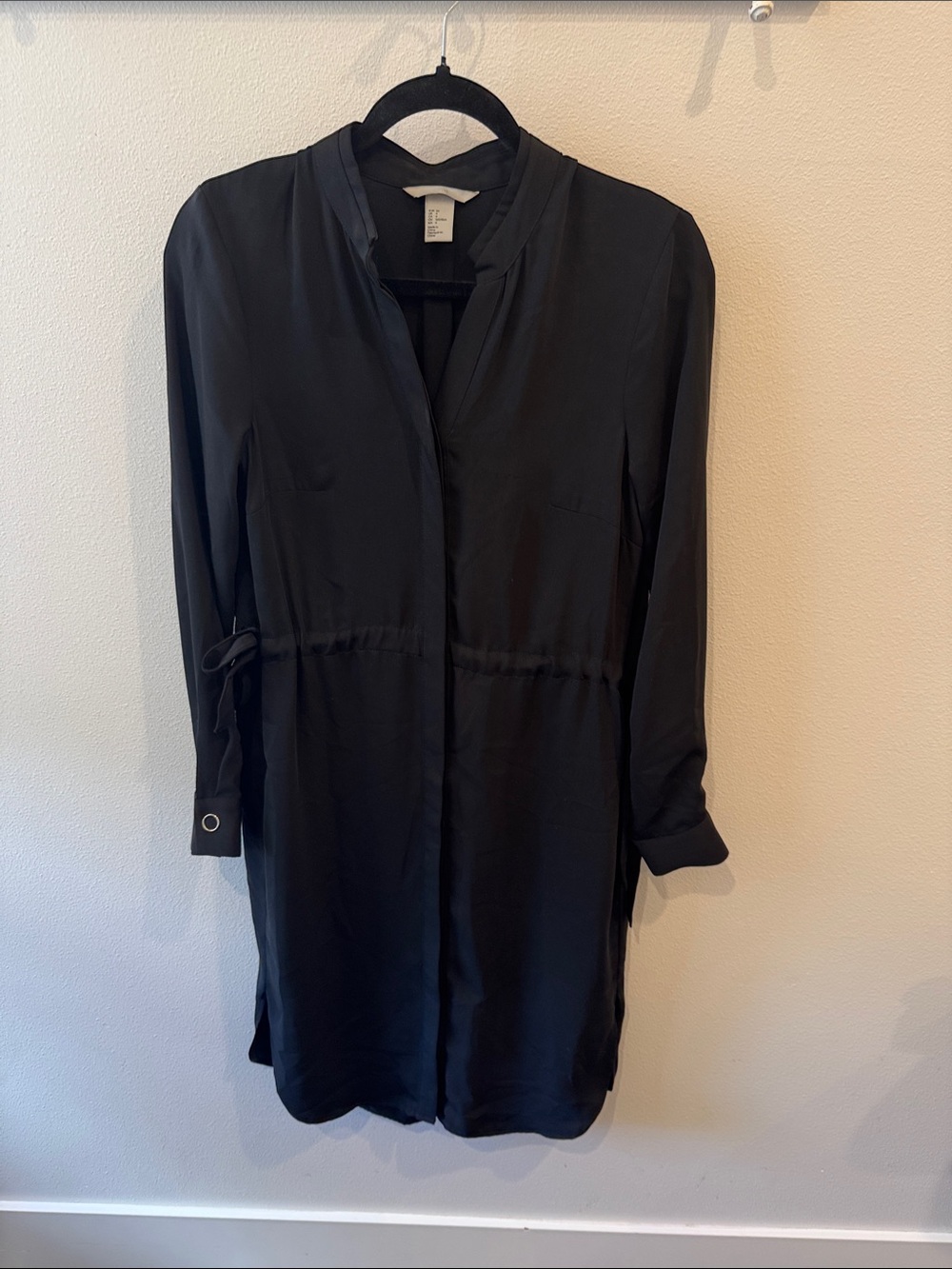 Black Long-Sleeve Shirt Dress with Waist Tie